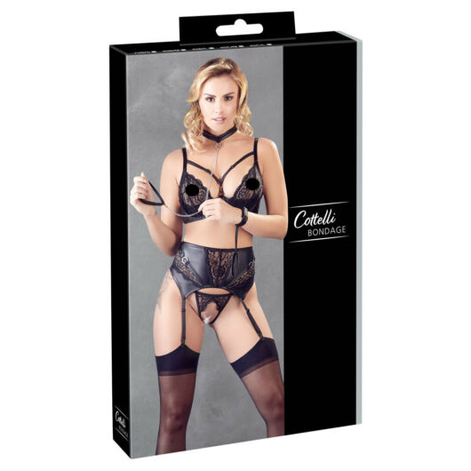 Cottelli Bondage - Lace and shine lingerie set with leash (black)